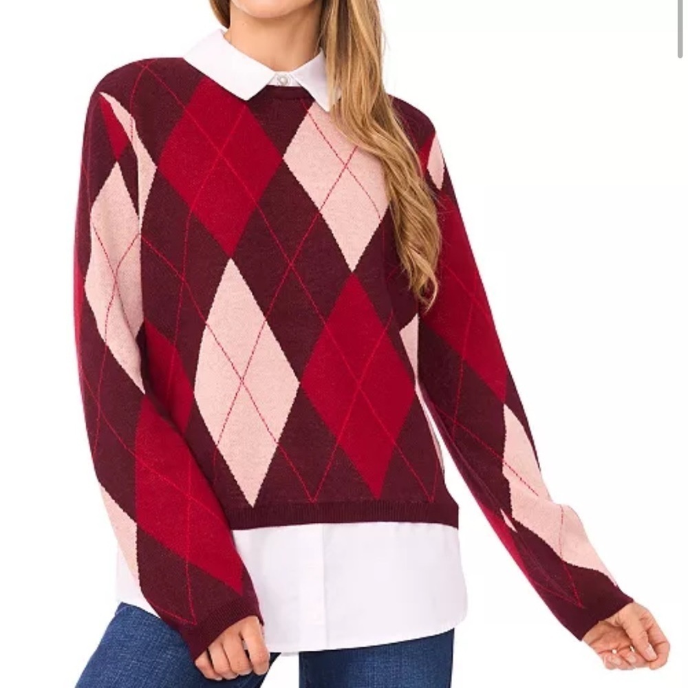 CeCe
Women's Argyle Collared Long Sleeve Twofer Sweater